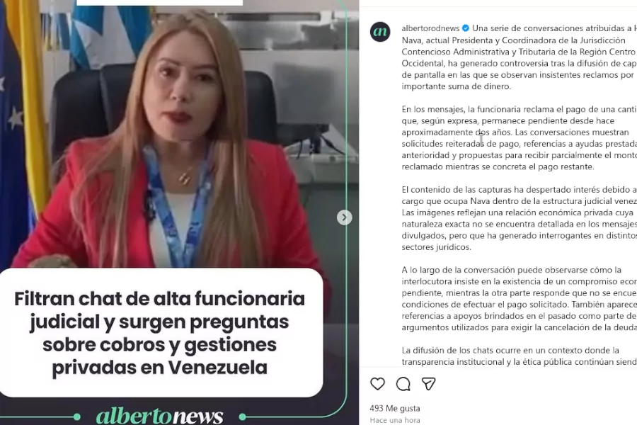 El portal de noticias Alberto News (albertonews.com) divulgó en redes sociales una serie de mensajes atribuidos a Helen Nava, presidenta y coordinadora de la Jurisdicción Contencioso Administrativa y Tributaria de la Región Centro Occidental, en los que la alta funcionaria judicial exige insistentemente el pago de una importante suma de dinero.